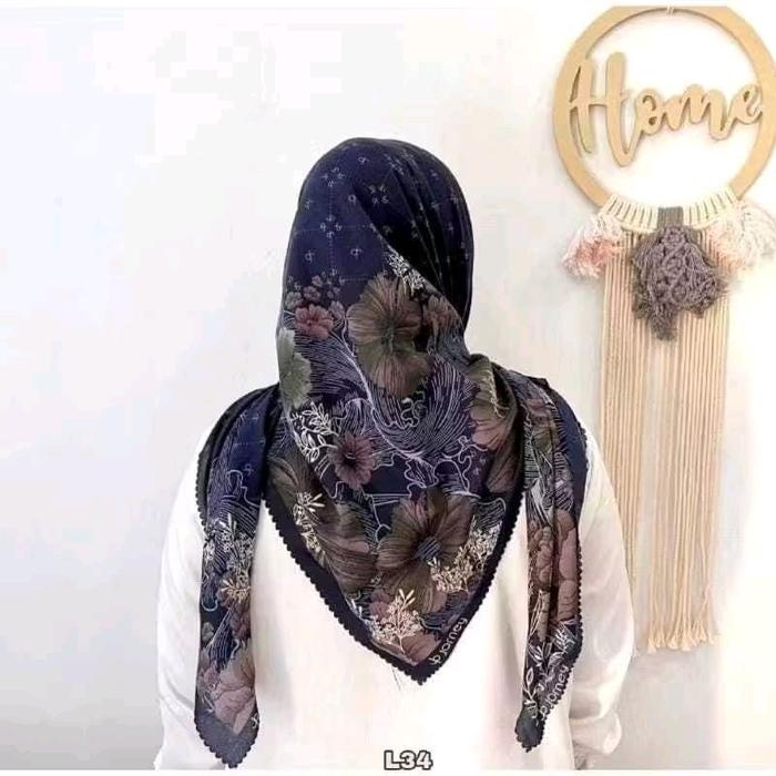 Jilbab Segiempat Voal Premium Lasercut Motif Bunga timbul Navy Wanita Muslim cantik Nyaman Segi Empa