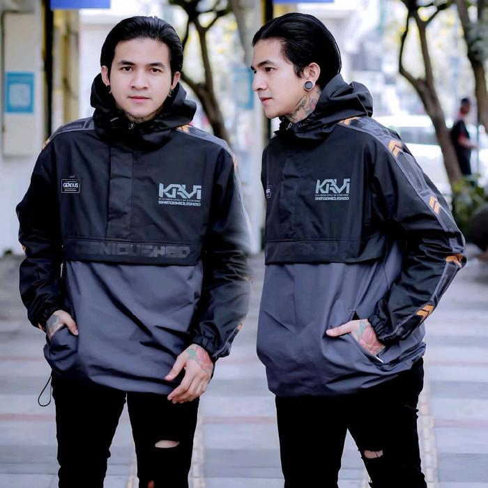 Rocket Queen Cagoule Jacket Black Grey Krvi Genious Jaket Kancing Pria Motor Parasut