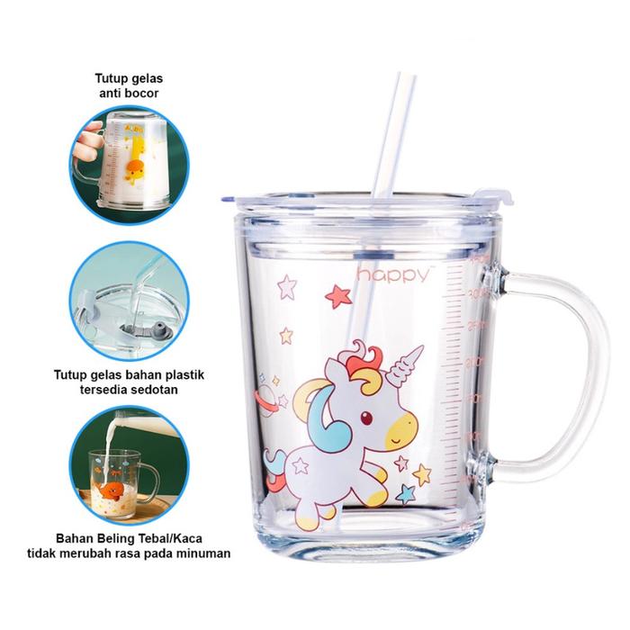 Gelas Anak Kaca Bening H481 E421 Dengan Gagang Dan Tutup Anti Bocor Gelas Mug Tumbler Motif Imut Fre