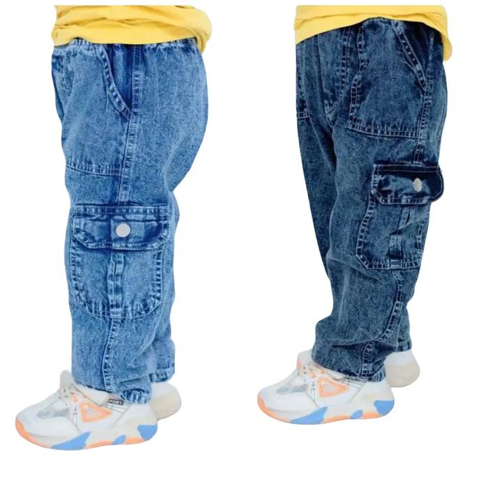 Celana Jeans Panjang Cargo Anak Cewek Cowok Warna Snow Biru dan Snow Hitam Usia 1-7 Tahun