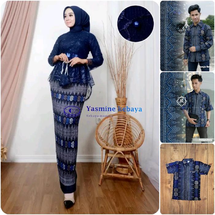 Baju Couple Kebaya Aurora Pita Navy / Biru Dongker Mutiara Set Rok Plisket Batik Wanita Dewasa Pasan