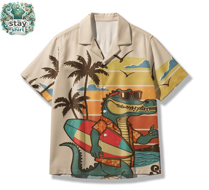 STAYSHIRT Kemeja Retro Surf Crocodile - Baju Pantai Buaya Selancar Unisex - Atasan Pria Wanita Casua