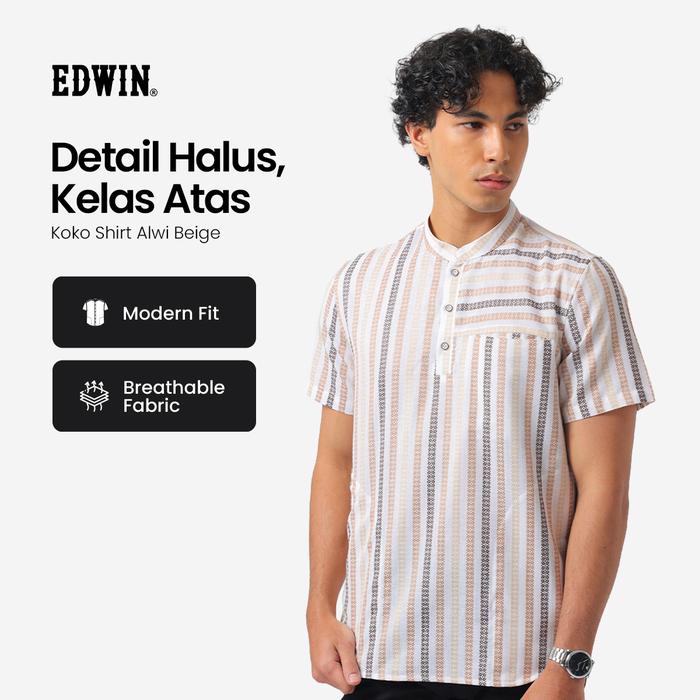EDWIN JEANS - Kemeja Koko Pria Lengan Pendek ALWI BEIGE Baju Muslim Pria