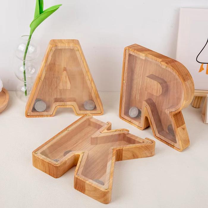 English Alphabet Piggy Bank Wooden Coin Money Box Saving Box Jar