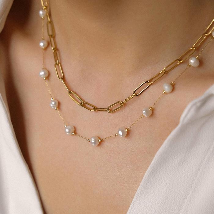 Freshwater Pearl Bold Link Chain Necklace Set — Kalung Mutiara