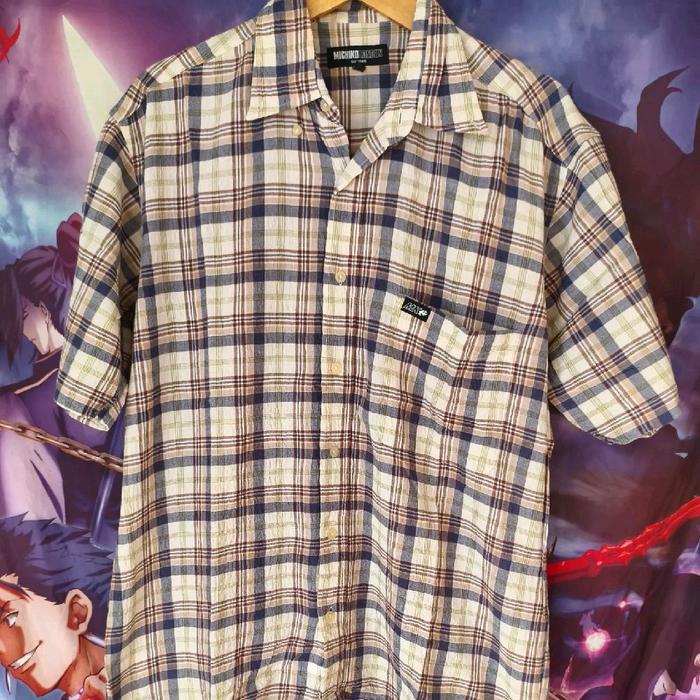 Vintage 90s Michiko London Koshino Y2K Plaid Shirt M Kemeja Lengan Pendek Atasan Mewah Unik Original