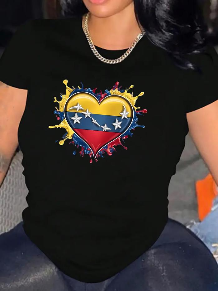 Camiseta Plus Size para Mujer con Diseno de Corazon de la Bandera de Venezuela - Cuello Redondo, Man