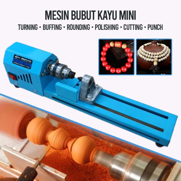 Mesin Bubut Kayu Mini Lathe Beads Grinding Polisher DIY Woodworking 7ROT46BL 150W - X707 - Blue