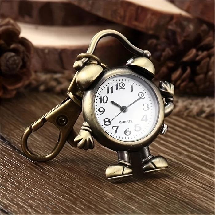 IMPORT Vintage Alarm Clock Personalized Mini Keychain Clock Bronze Robot Quartz Pocket Watch Small F