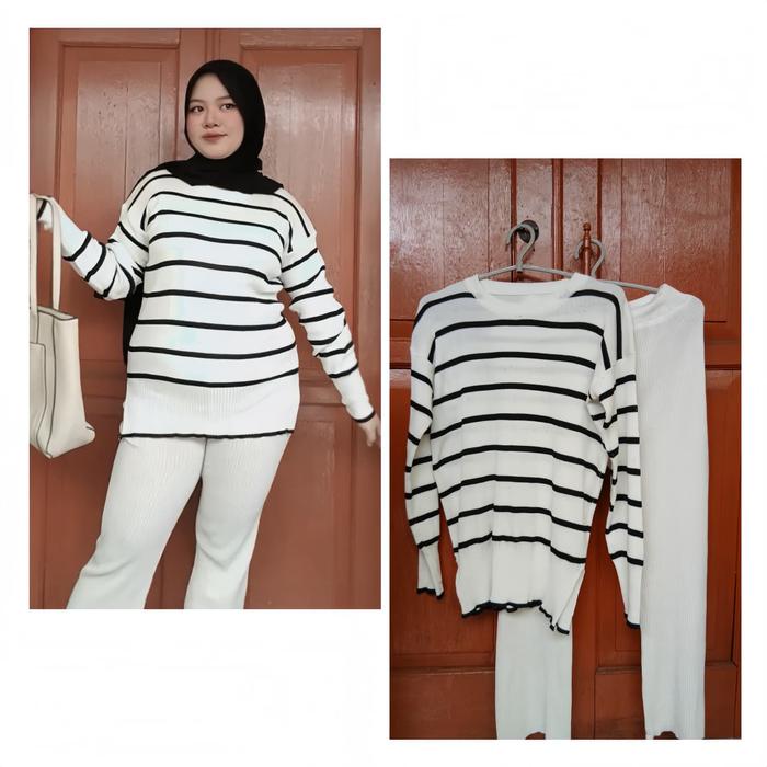ONE SET PINKAN SWEATER STRIPE KULOT Sweater Motif Salur Kulot Wanita Panjang Dewasa Knitwear Top Put