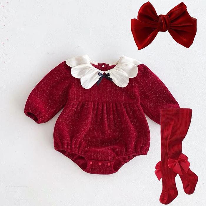 Newborn Christmas Red Clothes Autumn Kids Baby Girls Sweet Petal Collar Princess Rompers Infant New 
