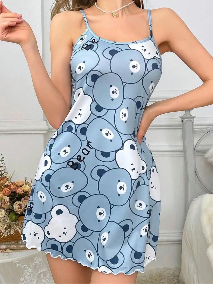 Summer Women Nightgowns Sleepwear Casual Cute Blue Bear Printed Nightdress Nighties Comfortable y Mi