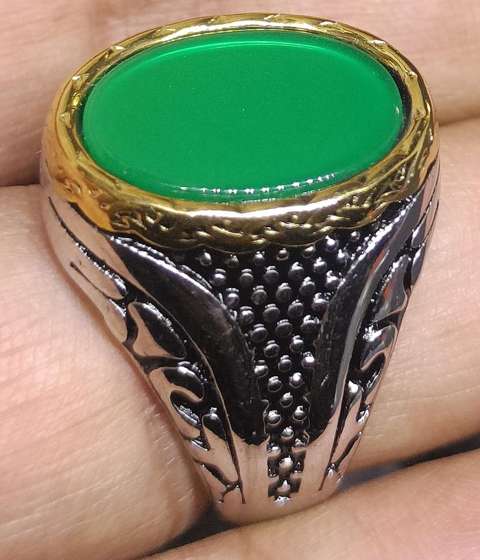 Cincin Original Stainless Steel 316L Batu Oval Hijau List Kuning