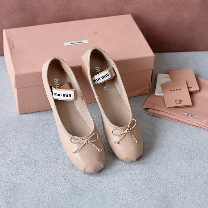 sepatu Miu Mary Jane Logo Ballerina Flats in Nude Leather Sz 39