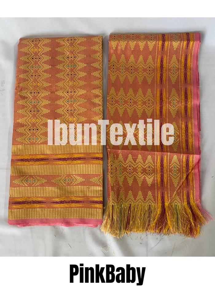 Kain Songket set selendang, kain songket palembang Variasi Warna pink Baby Motif elegan hania songke