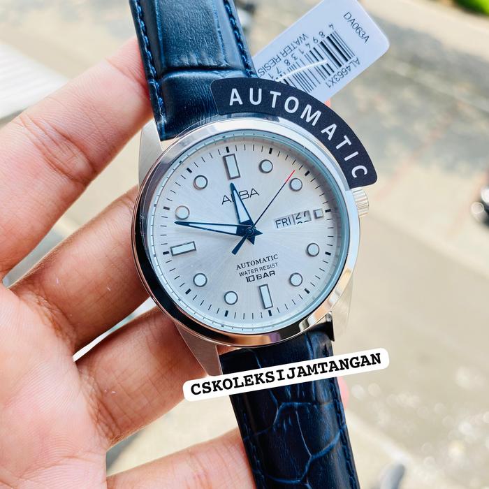 JAM TANGAN PRIA ALBA AL4663X1 AL4663 AUTOMATIC SILVER BLACK LEATHER ORIGINAL