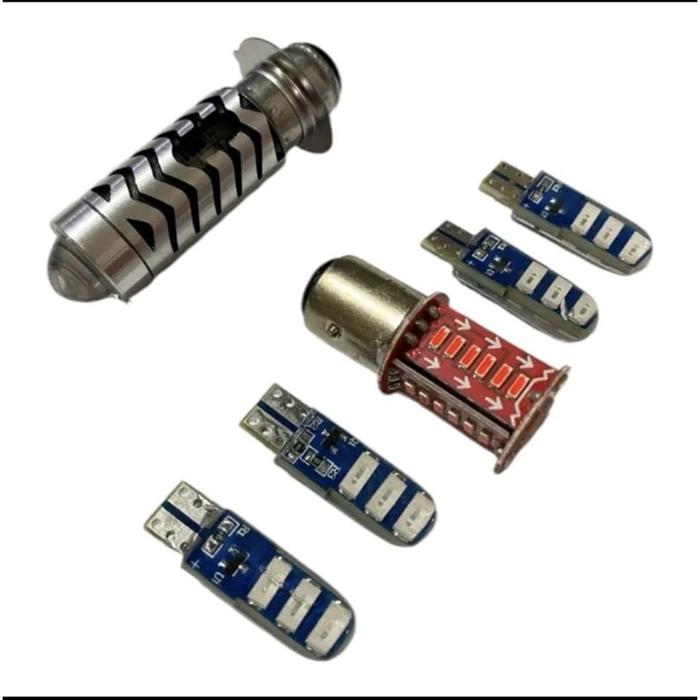 Paket hemat 6 in 1 Bohlamp utama H6 laser senja biru + 4pcs sen jelly kedip + stoplamp 30led runing