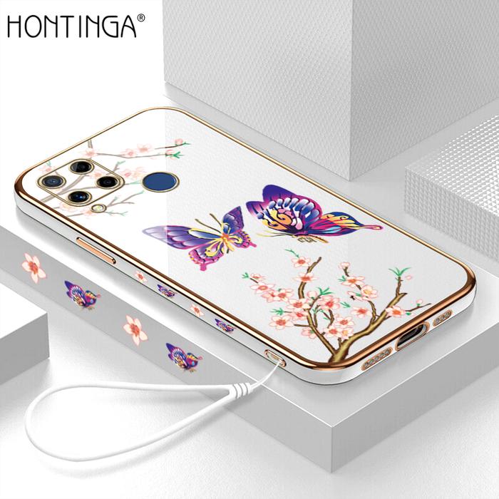 Hontinga Casing Realme C15, Pelindung HP Kotak TPU Lembut Berlapis