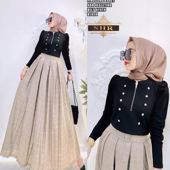 Ready new SHR stelan rok kotak+blus rajut+stelan rok rajut kotak list pink manis!!