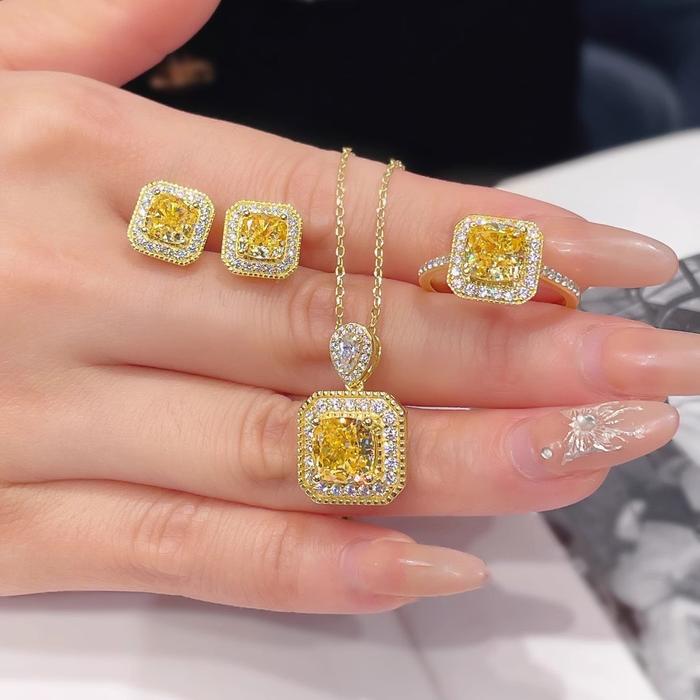 IS49Y Kalung Set Kubus Gula Potongan Bunga Es Berkedip Liontin Berlian Karbon Tinggi Cincin Berlian 