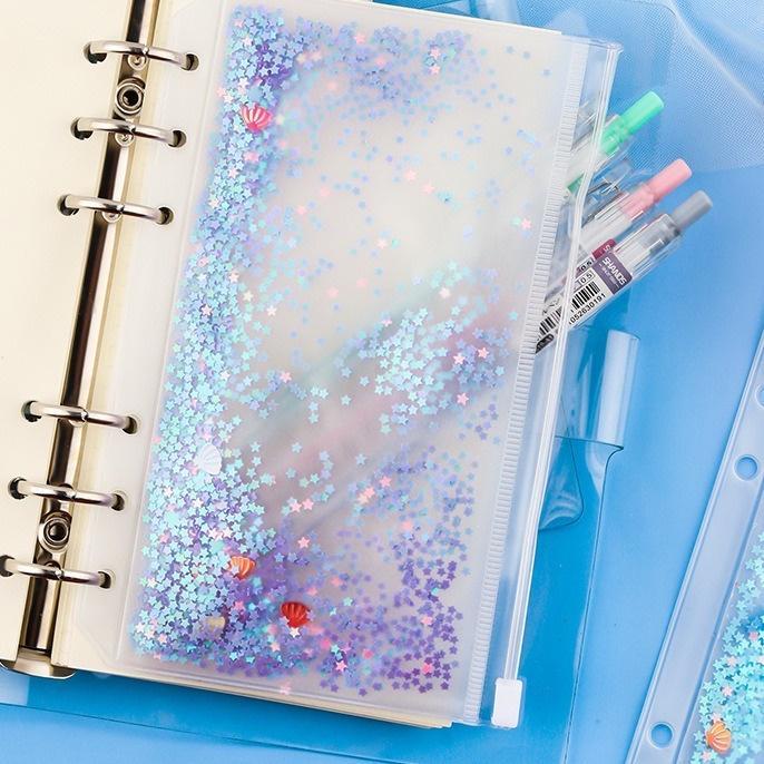 Ziplock binder sequin A5 A6 isi buku binder zipper bag glitter 6 ring