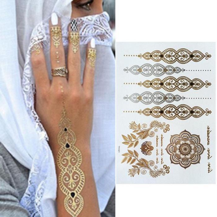Tatto Henna Pengantin - Hena Tato Tangan Pengantin Gold Temporary Tubuh - 1-lembar-Hena