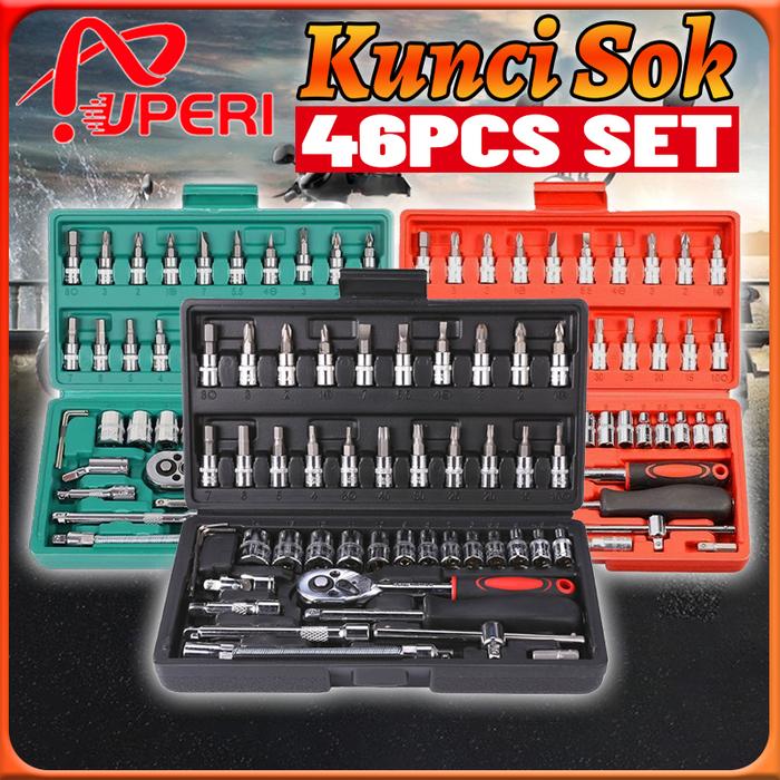 Set Kunci Socket 46 PCS full Set (1/4 ") Pas Ring L Motor Kunci/kunci l set CR-V lengkap/kunci ring 