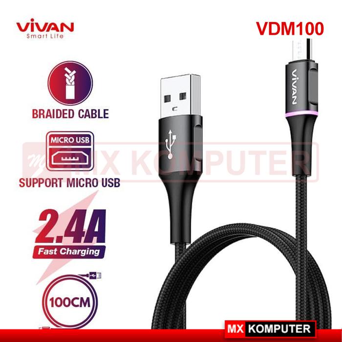 VIVAN VDM100 Kabel Micro USB Android 2.4A LED Light Quick Charge 100CM