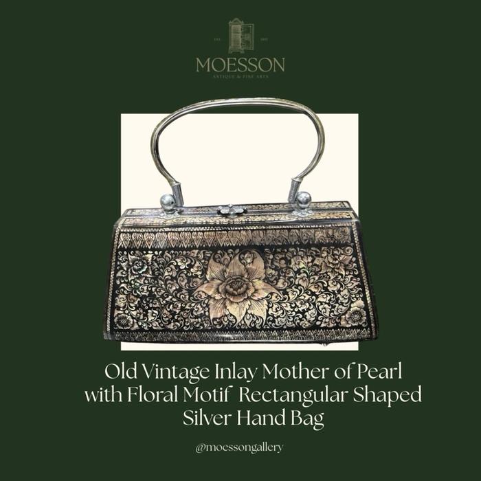 Tas Tangan Kotak Silver dengan Hiasan Cangkang Tiram Inlay Motif Floral Lawas Jadul Tua