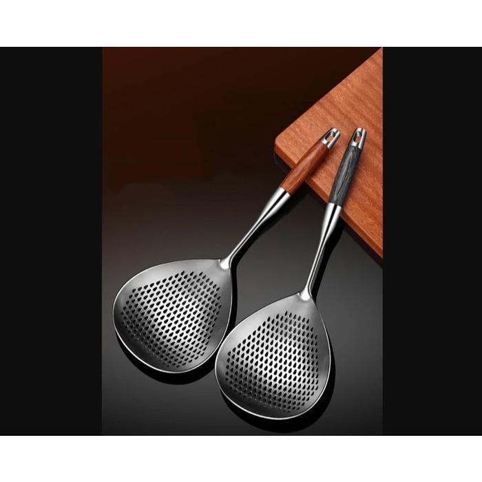 Spatula tahan panas Sodet Spatula Lubang Tirisan Stainless Gagang Kayu