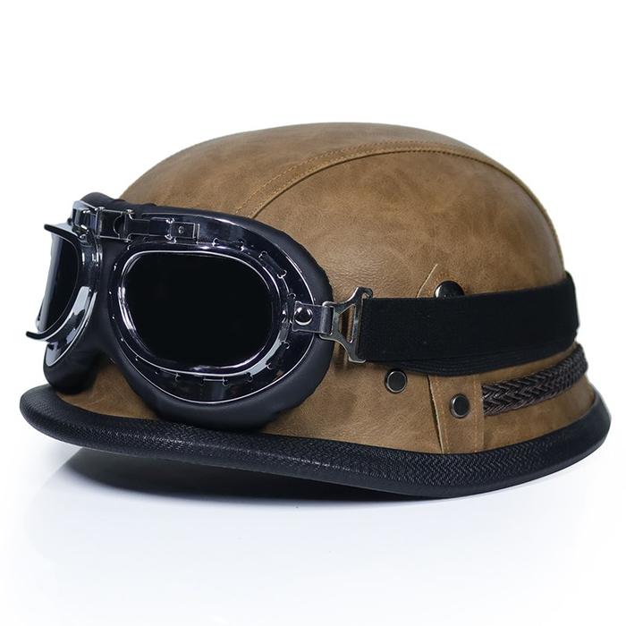 German Leather Helmet  WWII Style BLACK German Motorcycle Open Face