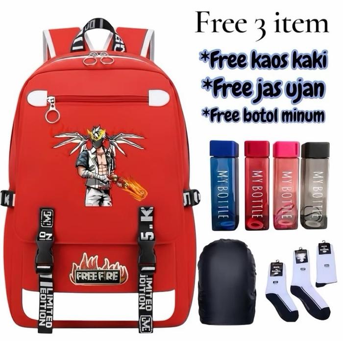 Free Fire Backpack dengan Bonus 3 Item - Kaos Kaki Jas Ujan dan Botol Minum Selempang