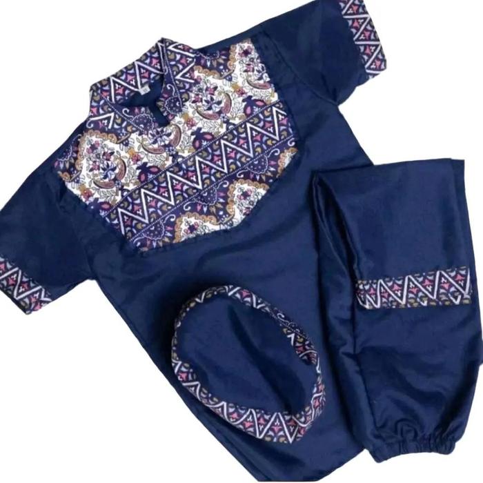 Setelan Baju Muslim Anak Motif Koko Batik Sultan Navy Usia 1-10 Tahun Variasi Kancing Mandarin GRATI