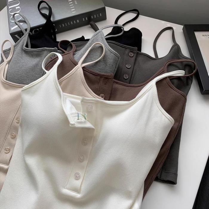 Tanktop Dengan Tali Kecil Spaghetti Bahan Cotton Dan 4 Kancing Mati 1 Kancing Hidup Untuk Wanita Dew