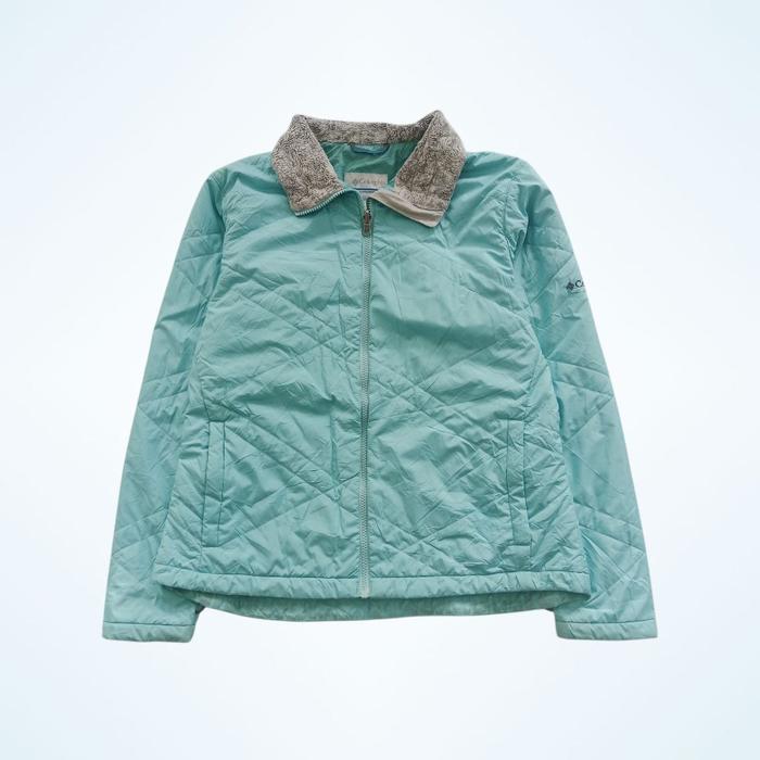 Columbia Jaket Biru Langit Interchange L dengan Desain Quilted dan Kerah Berbulu untuk Keseharian