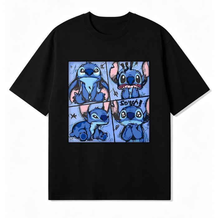 Kaos Anak Laki-laki Perempuan Lengan Pendek Katun Motif Stitch 4 Panel Sketsa Kartun Anime, Cocok Un