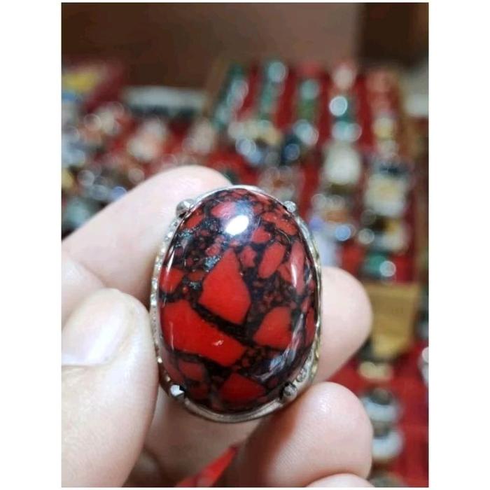 Cincin Akik Pirus Merah Serat Antik Ring Titanium baru