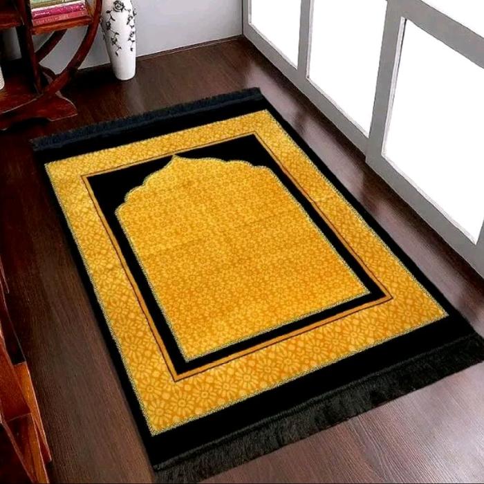Sajadah Turki Muslim Kombinasi Kuning Bulu Hitam Halus Tebal Dan Lembut Ukuran Dewasa 70X110 Cm Moti
