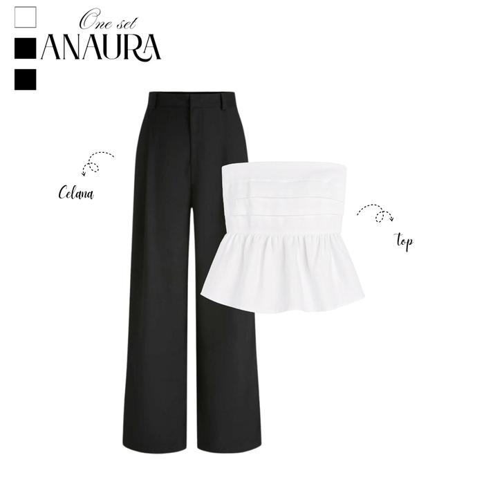 Ootd 2in1 Korean Outfit Anaura (Atasan Sabrina Top Ruffle Putih + Celana Kulot Loose Pants ) One Set