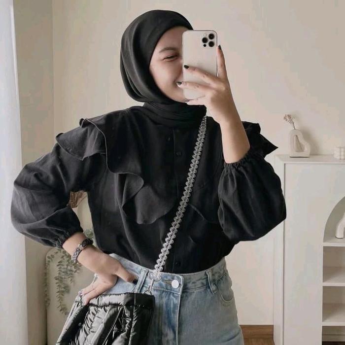 Rafella blouse ruffle atasan polo linen kemeja wanita Korean style ld 105 & 110 Baju  Panjang Cewek 