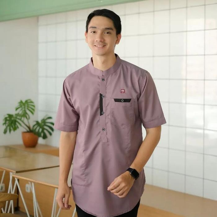 Kemeja Koko Lengan Pendek Bahan Toyobo Warna Lavender - Baju Muslim Pria Dewasa - Panjang, Putih, Ku