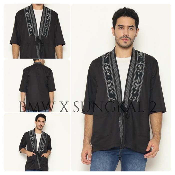 Baiti Muslim Wear - Kimono Tenun Lengan 3/4 Hitam Outer Unisex Kombinasi Tenun Fashion Muslim Pria D