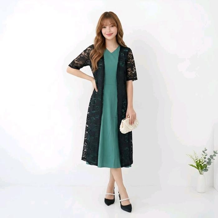 2in1 Set Lovita Dress Wanita + Cardigan Brokat Hitam Panjang Outfit Wanita Elegan Kondangan Vr
