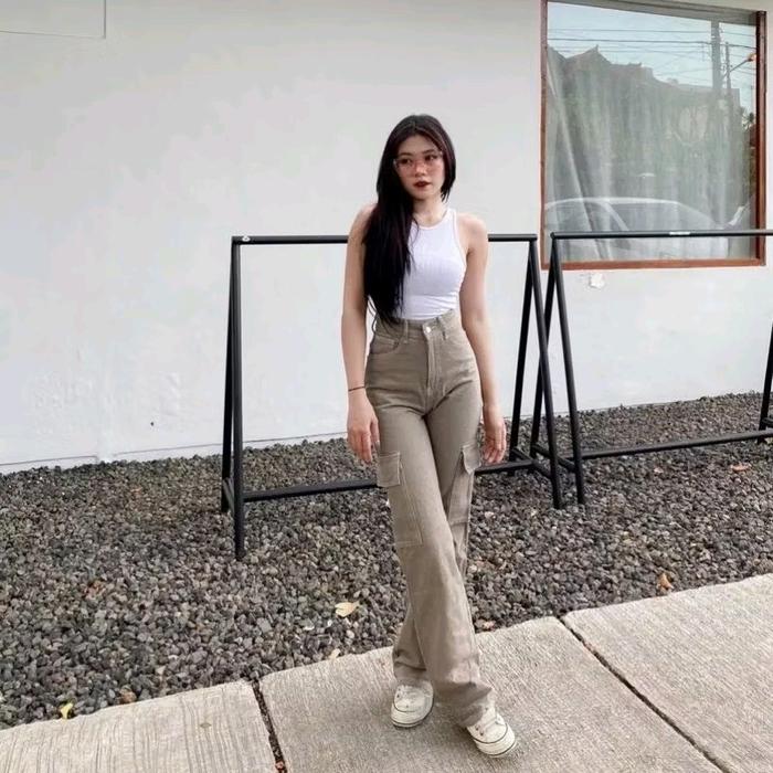 Celana Cargo Jeans Panjang Cewek Hitam Denim