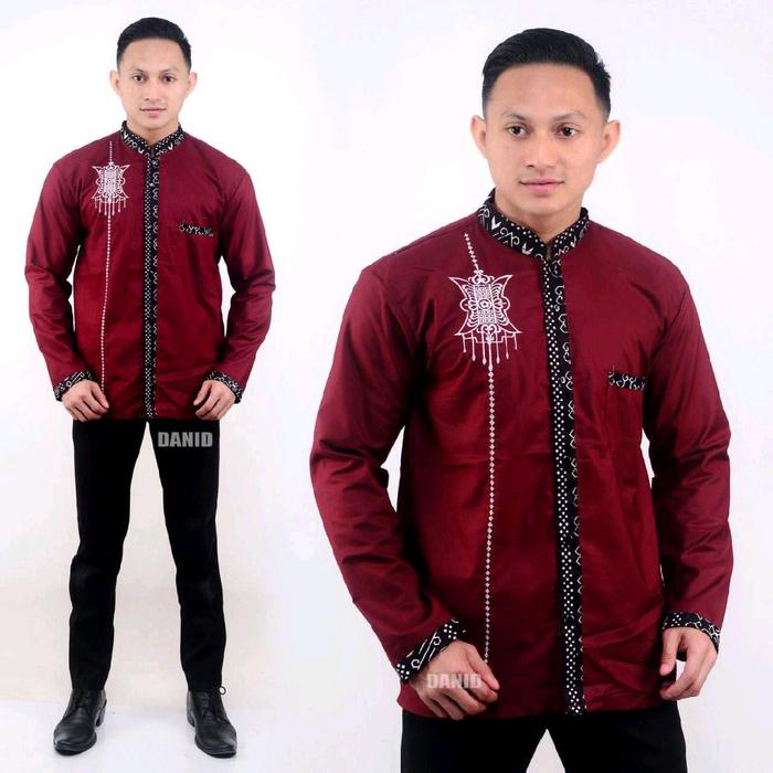 Baju koko dewasa kombinasi batik lengan panjang pintu aceh kancing bordir Muslim Pria Katun Atasan M