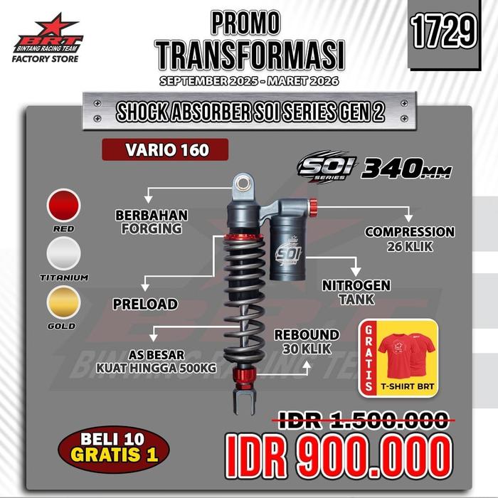 BRT Shock Absorber SOI Series Gen 2 Bintang Racing Team 340mm Compression 26 Klik Rebound 30 Klik Ad