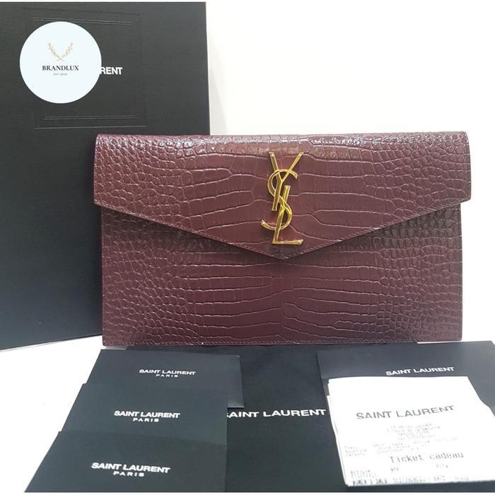 YSL SAINT LAURENT CLUTCH POUCH FLAP MEDIUM CROCO MAROON GHW