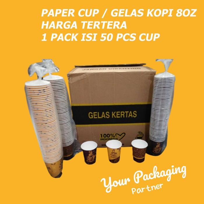 Safitiri Paper Cup 8Oz / Gelas Kertas Motif Kopi Cup Coffe Isi 50 Pcs