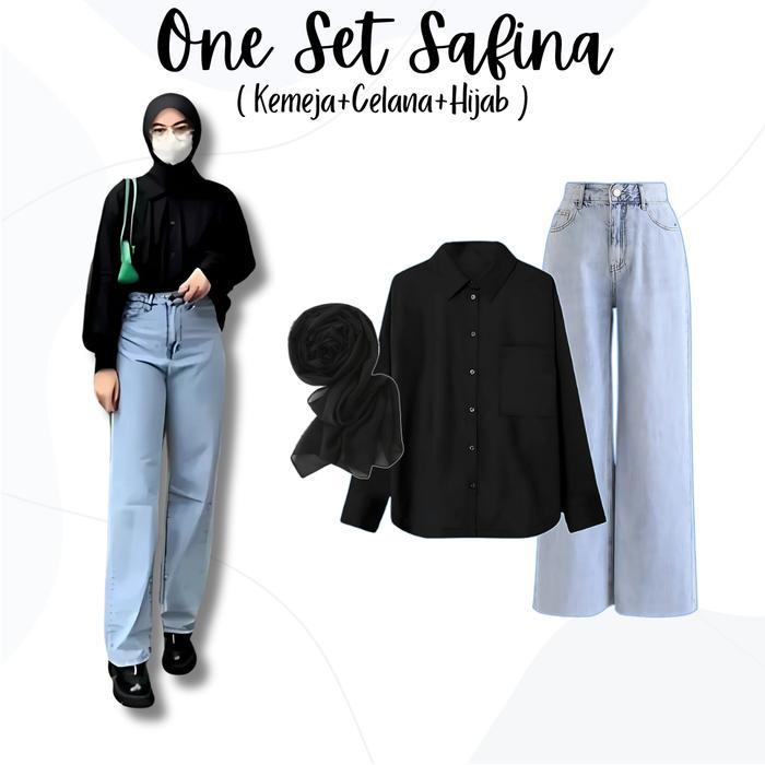 One Set 3in1 Kemeja Hitam Celana Light Blue Hijab Bella Hitam | outfit wanita kekinian SK131