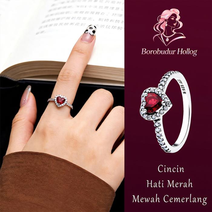 Borobudur Holog - Cincin S925 Perak Murni Hati Merah - Berkilau Bak Batu Rubi Asli - Elegan Sehari-h